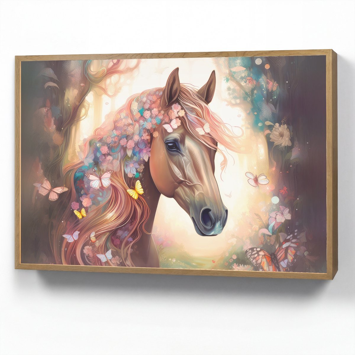 Wandlamp 100x70 cm - Oplaadbaar - Paard - Natuur - Bloemen - Vlinders - Bos - Wandlampen binnen woonkamer - Slaapkamer lamp - Decoratieve nachtlamp - Vloerlamp draadloos