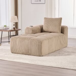 Wishdor - Compacte Bank - Zijvakken En Bekerhouders - Klassiek - Voor Woonkamer Of Logeerkamer - Corduroy - Khaki - 158 x 93 x 61 cm