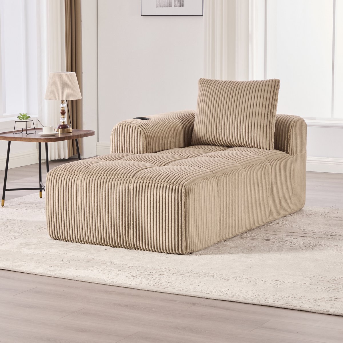Wishdor - Compacte Bank - Zijvakken En Bekerhouders - Klassiek - Voor Woonkamer Of Logeerkamer - Corduroy - Khaki - 158 x 93 x 61 cm