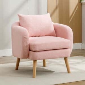 Wishdor - Eenzits Fauteuil Met Dik Zitkussen En Los Rugkussen - Modern Effen Ontwerp - Voor Woonkamer - Zachte Teddystof Met Houten Poten - Roze - 71 X 72 X 71 Cm