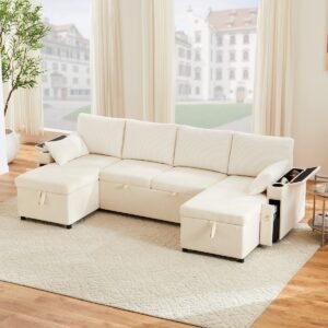 Wishdor - U-Vormige Slaapbank - Modulair Met Opbergruimte En Dubbele Bekerhouders - Modern Voor Woonkamer - Chenille En Ribstof - Beige - 272 X 131 X 84 Cm