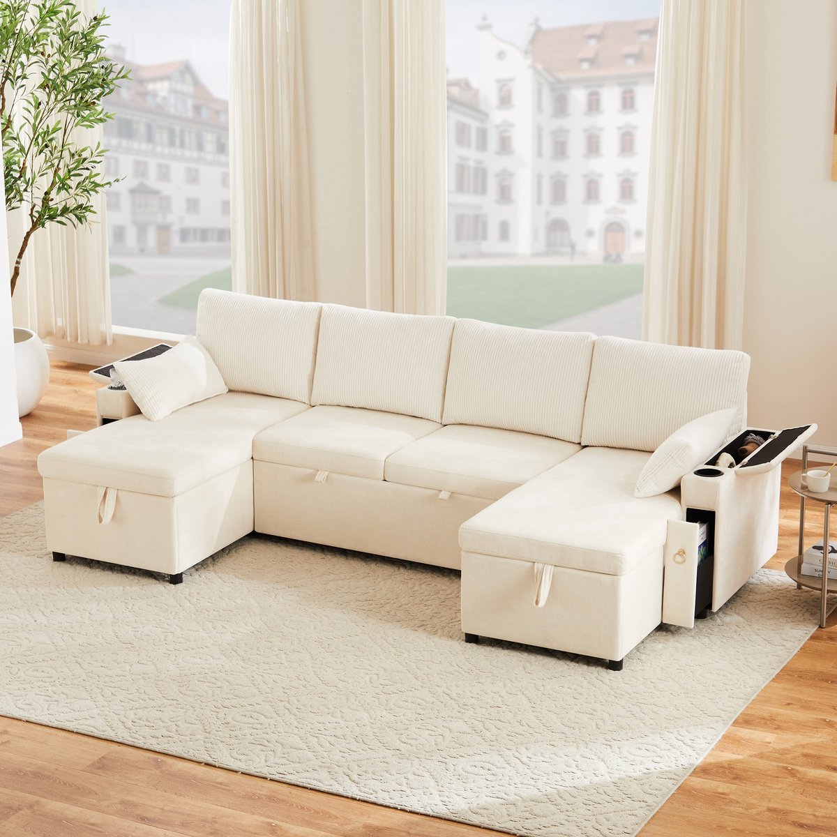 Wishdor - U-Vormige Slaapbank - Modulair Met Opbergruimte En Dubbele Bekerhouders - Modern Voor Woonkamer - Chenille En Ribstof - Beige - 272 X 131 X 84 Cm