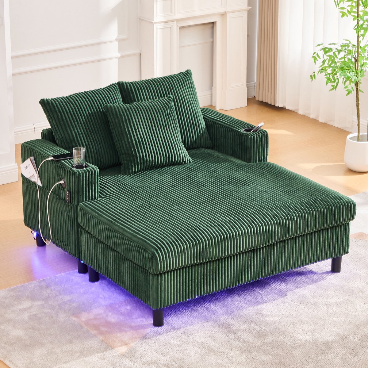 Wishdor XXL Loveseat / Chaise Longue - Met LED Sfeerverlichting, USB & Bekerhouders - Ribstof - Smaragdgroen - 128x142 cm