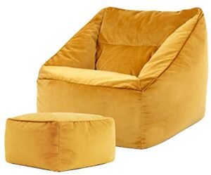 Zitzak fauteuil met hocker - Geel fluweel - Zitzak voor volwassenen - Zitzak woonkamer