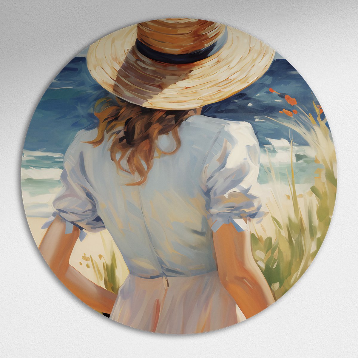 Zomerse Strandwandeling Muurcirkel - Luxe Muurcirkel 140x140 cm op Dibond - Sfeervolle Wanddecoratie voor Woonkamer & Slaapkamer