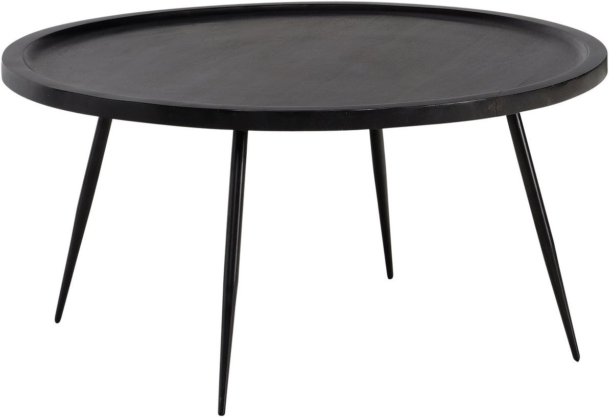 salontafel 75x75x38 cm mango massief hout metaal zwart banktafel rond, design woonkamertafel met natuurlijke houtnerf, salontafel woonkamer tijdloos