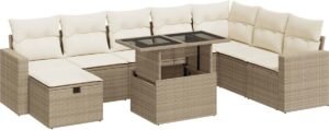 vidaXL - 9-delige - Loungeset - met - kussens - poly - rattan - beige
