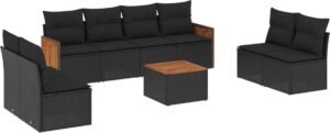 vidaXL - 9-delige - Loungeset - met - kussens - poly - rattan - zwart