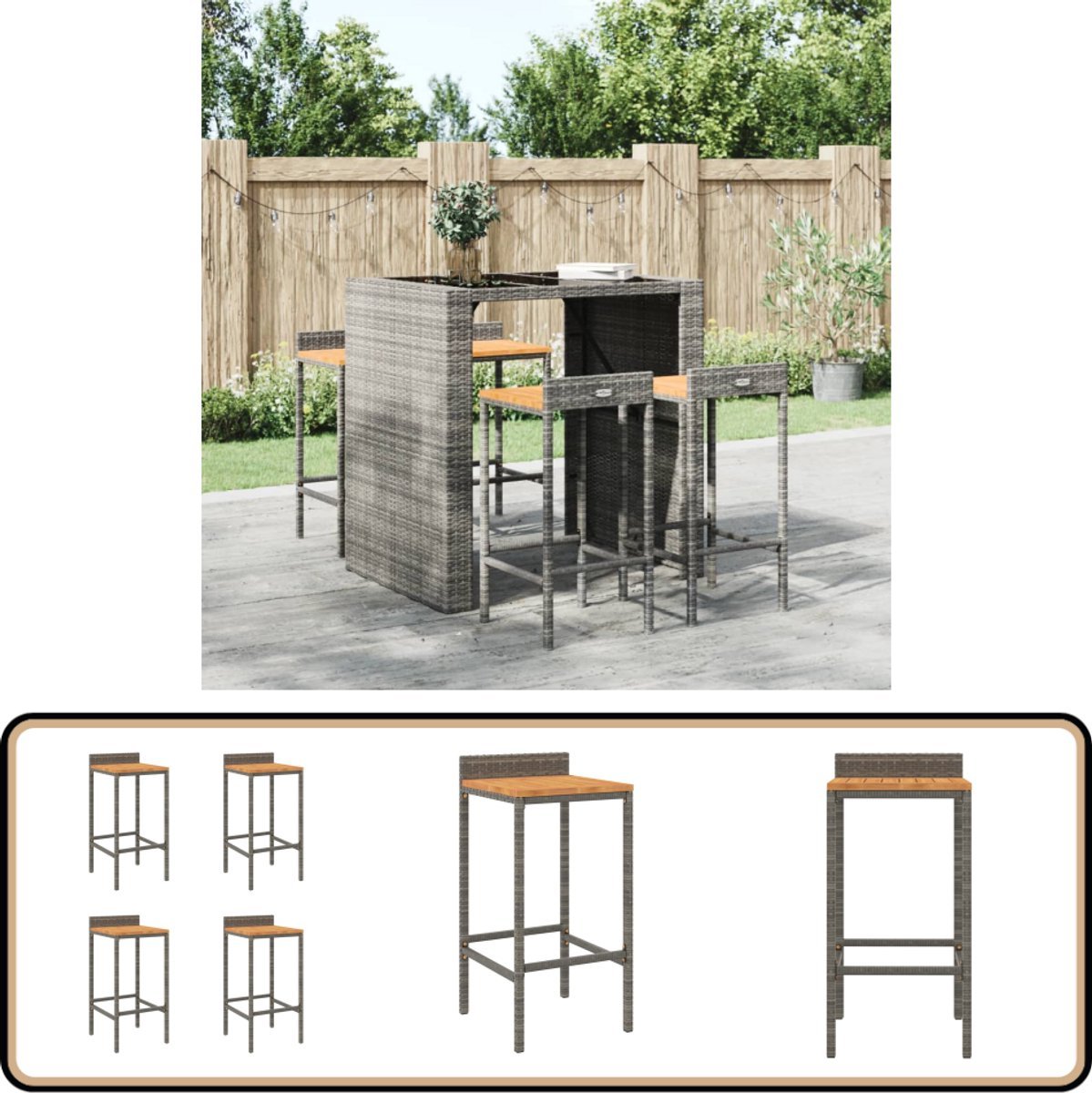 vidaXL Barkrukken 4 st Rattan & Acaciahout Grijs Barstoelen - Barkrukken - Eetkamerstoelen - Outdoor Meubilair - Tuinmeubelen