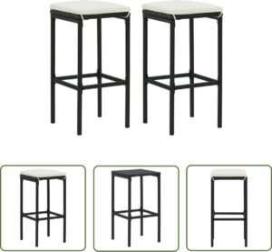 vidaXL Barkrukken - Barstoelen - Barkrukken met kussens 2 st poly rattan zwart - Bistro Stoelen - Eetkamerstoelen - Outdoor Meubels