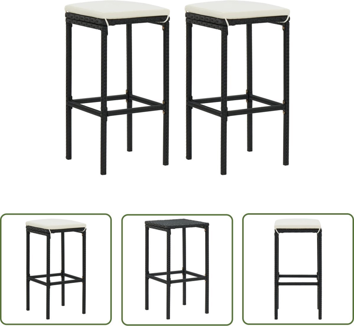 vidaXL Barkrukken - Barstoelen - Barkrukken met kussens 2 st poly rattan zwart - Bistro Stoelen - Eetkamerstoelen - Outdoor Meubels