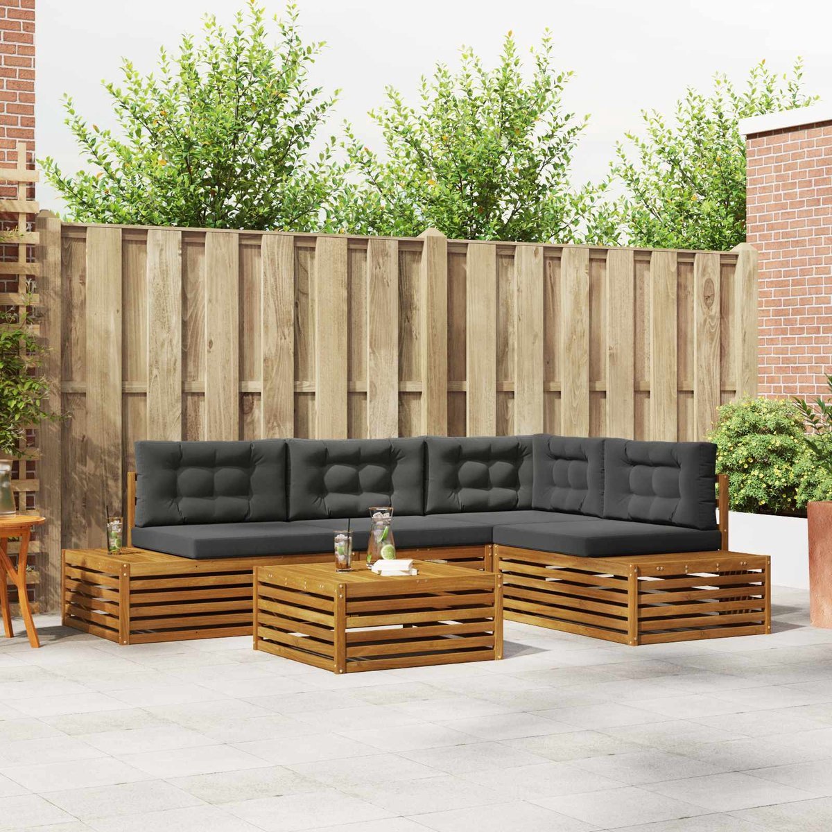 vidaXL - Buiten - bank - set - met - kussen - 5 - Stuk - Natuurlijk - en - Antraciet