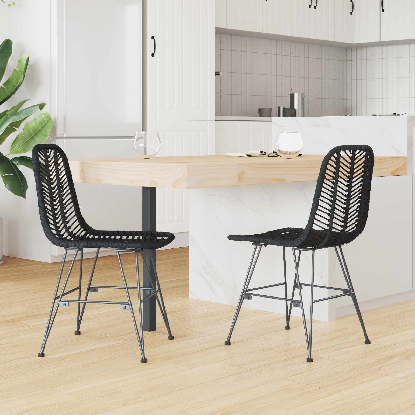 vidaXL Eetkamerstoel 2 pcs Riet en IJzer Zwart 44,5 x 54,5 x 85 cm