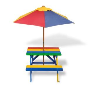 vidaXL Kinderpicknicktafel met banken en parasol hout meerkleurig