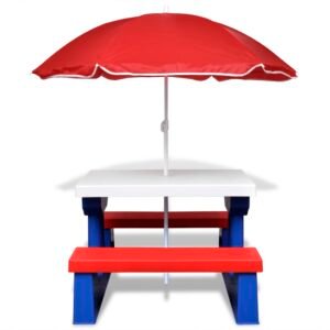 vidaXL Kinderpicknicktafel met banken en parasol meerkleurig