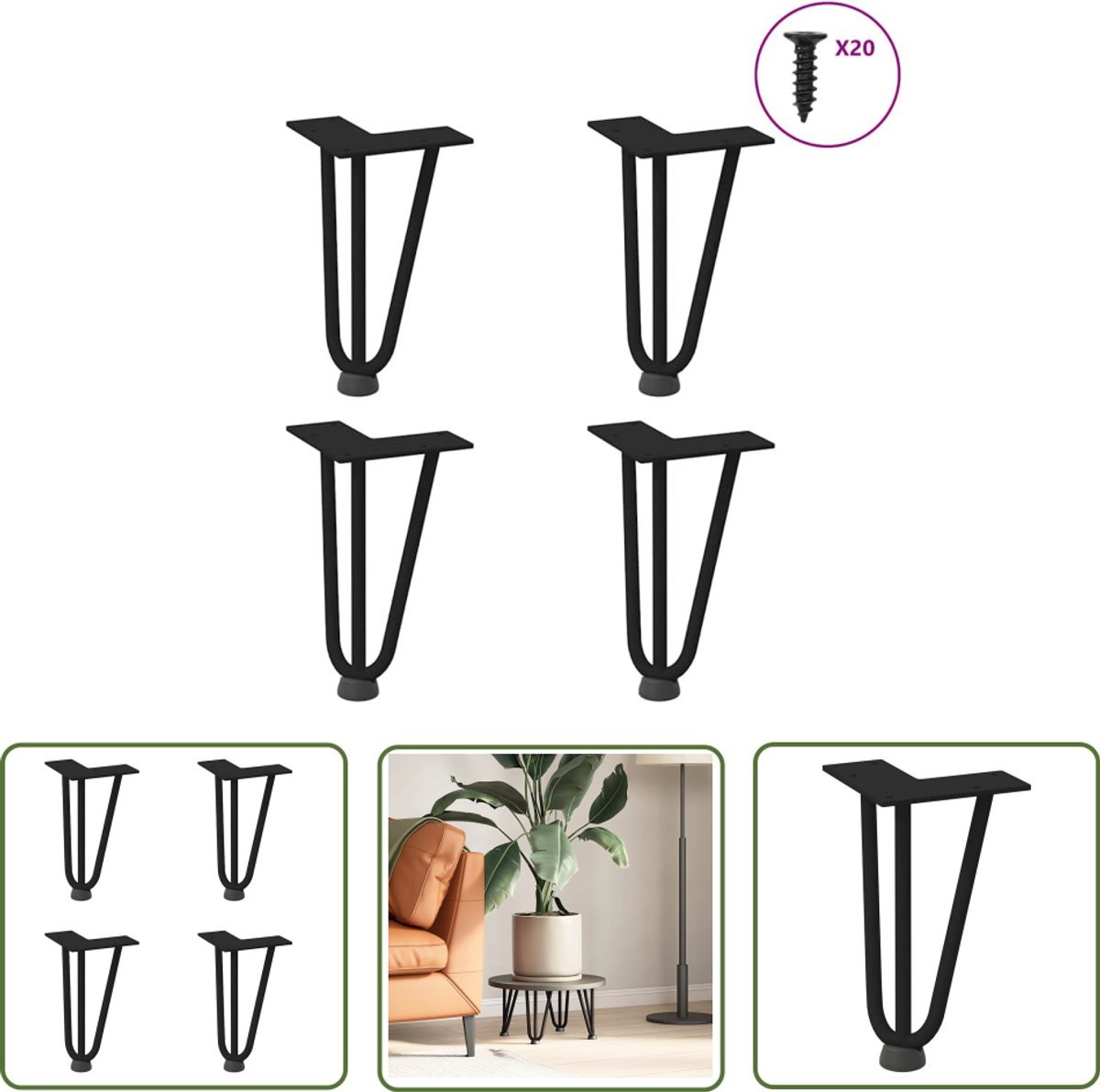 vidaXL Salontafel Potten - Haarspeld Tafelpoten - Haarnadelpoten voor Salontafel 4 st 20 cm massief staal zwart - Tafelpoten Zwart - Metalen Tafelpoten - Industrieel Tafelpoten