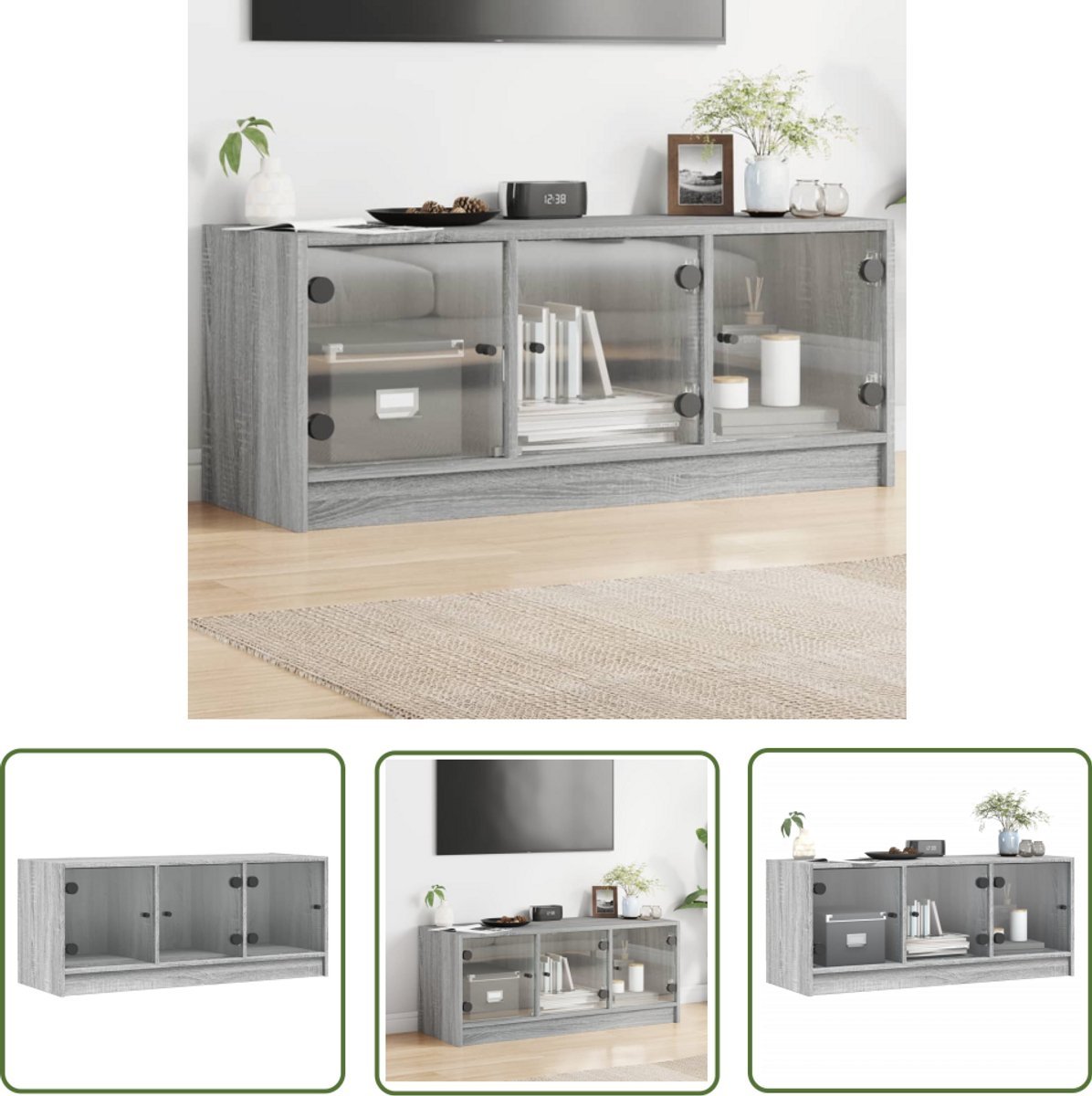 vidaXL Salontafel - Tv-meubel - Tv-meubel met glazen deuren 102x37x42 cm grijs sonoma eiken - Houten Kast - Grijze Meubels - Sonomaneik