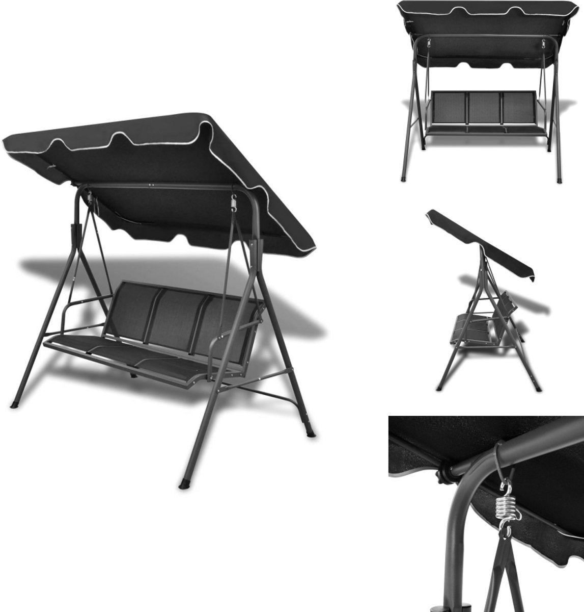 vidaXL Schommelbank - Schommelbanken - Tuinbank - Schommelbank Tuin - Schommelbank met luifel zwart