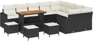 vidaXL - Tuinbank - Set - met - kussen - 13 - pcs - Zwart - en - Crème - poly - rattan