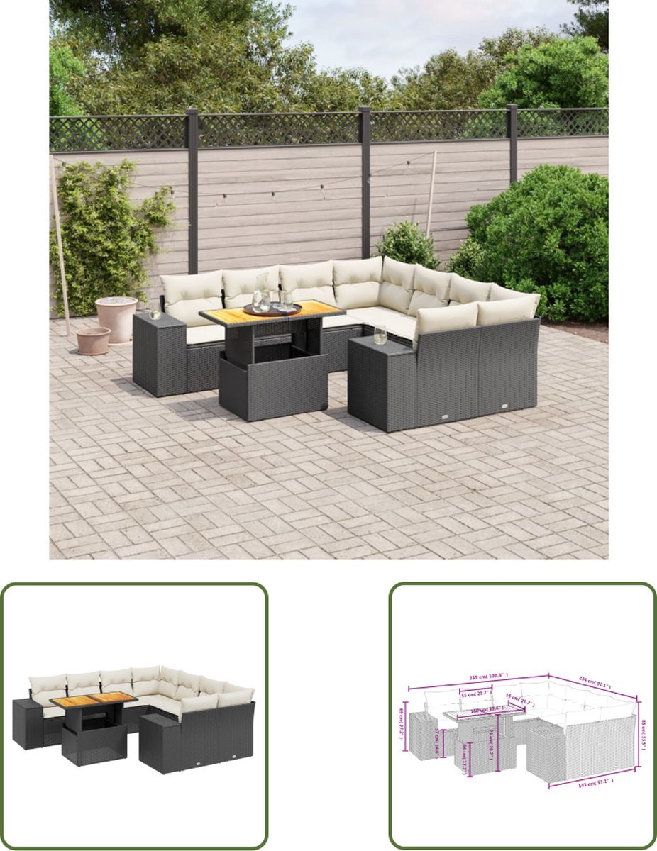 vidaXL Tuinset - Loungeset - 9-delige Loungeset met kussens poly rattan zwart - Buitenkamer - Loungehoek - Ratan Meubel