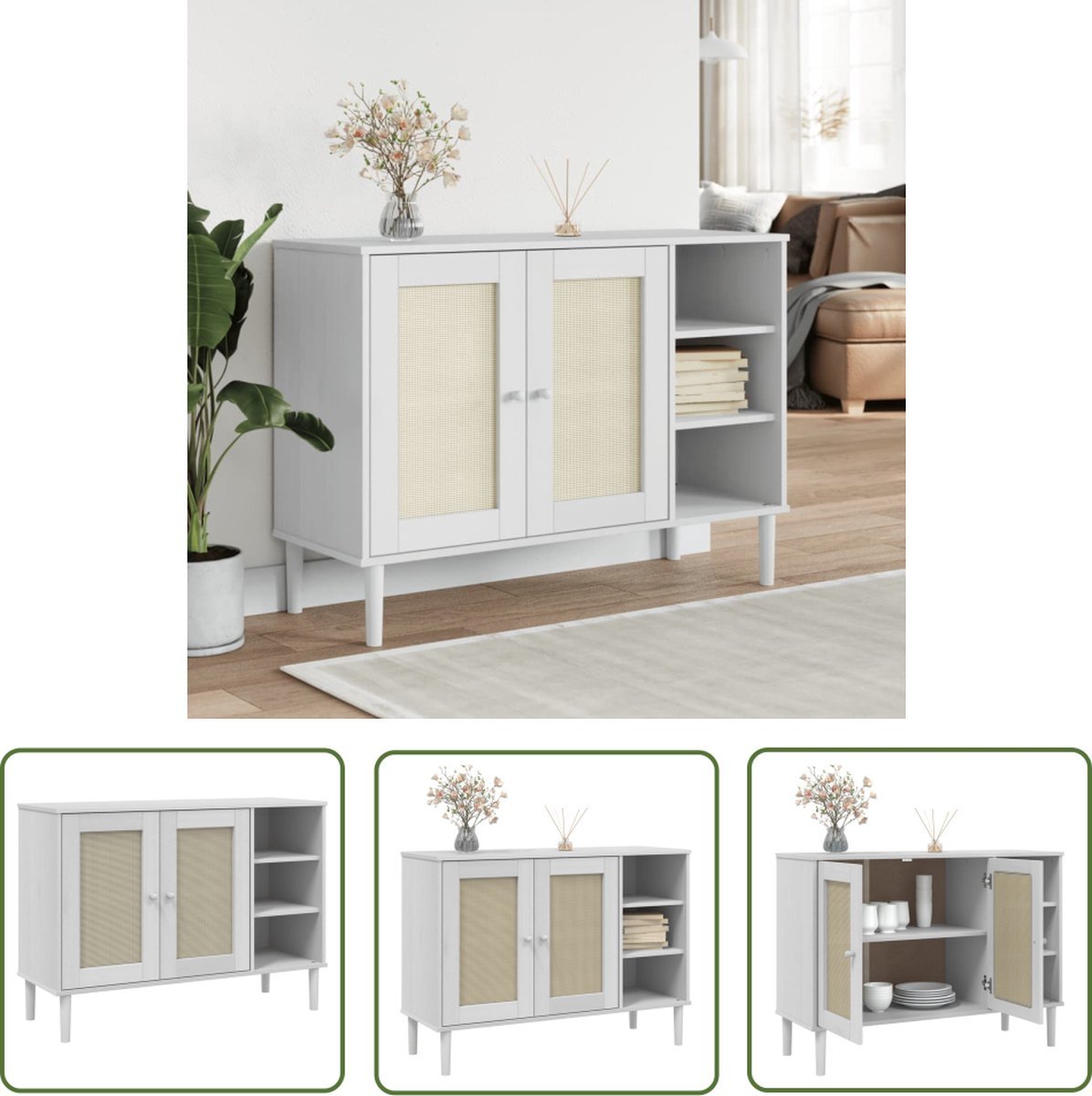 vidaXL Vintage Dressoir - Dressoir - Dressoir SENJA 112x40x80 cm rattan look massief grenenhout wit - Salontafel - Tv Meubel - Opbergmeubel