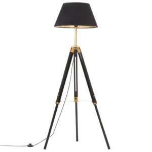 vidaXL Vloerlamp driepoot 141 cm massief teakhout zwart en goudkleurig