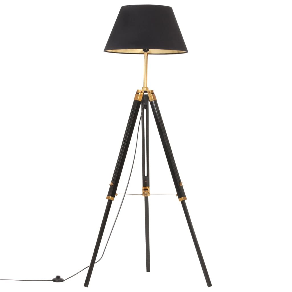 vidaXL Vloerlamp driepoot 141 cm massief teakhout zwart en goudkleurig